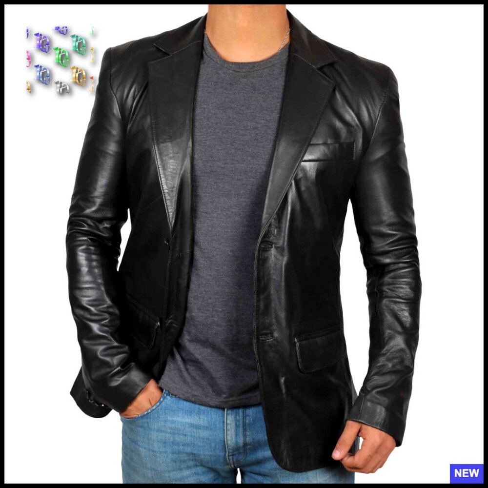 Men's Lambskin Leather Blazer Casual Jacket Classic Fit Button Closure